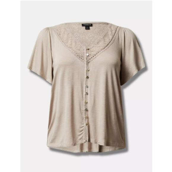 Torrid 4 Women 26W 4x Chateau Gray/ Beige Knit V-neck Lace Insert Button Tee - Picture 5 of 11